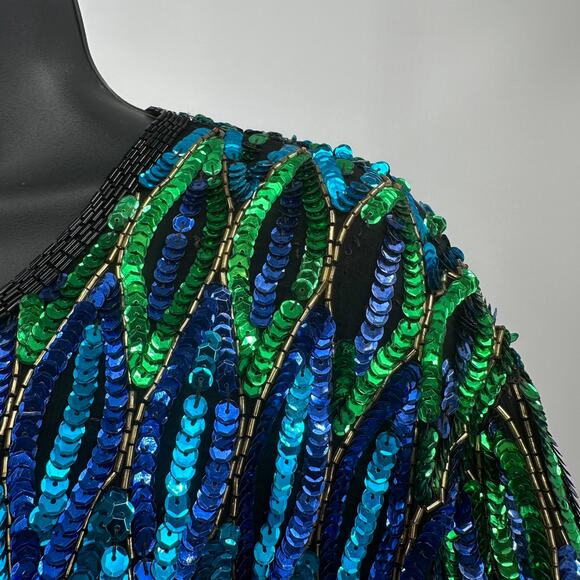 Patchouli Silk Jacket WMNS XL Black Green Blue Beaded Sequin Statement Coat Vtg - Picture 4 of 12